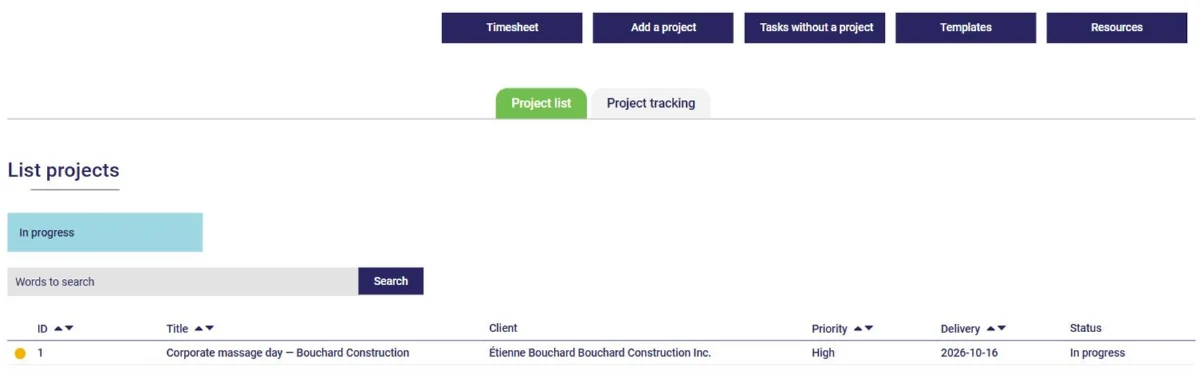 AssisTime project list with the colour dot, client, priority, delivery and status