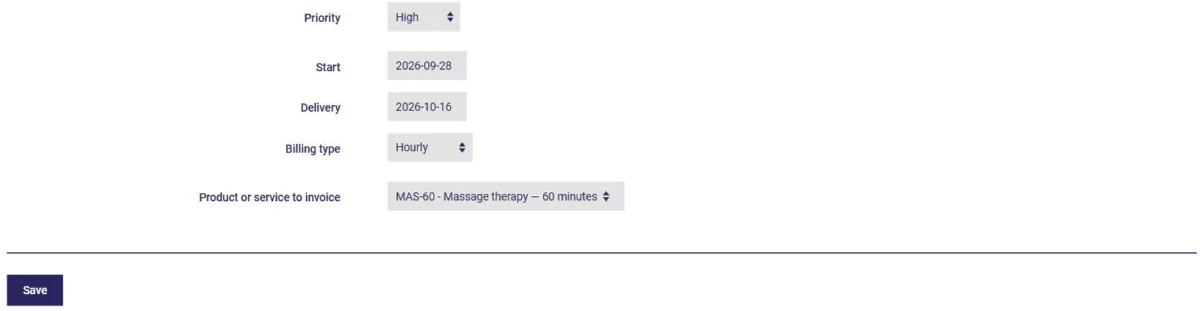 Creating a project in AssisTime: priority, start, delivery and billing type