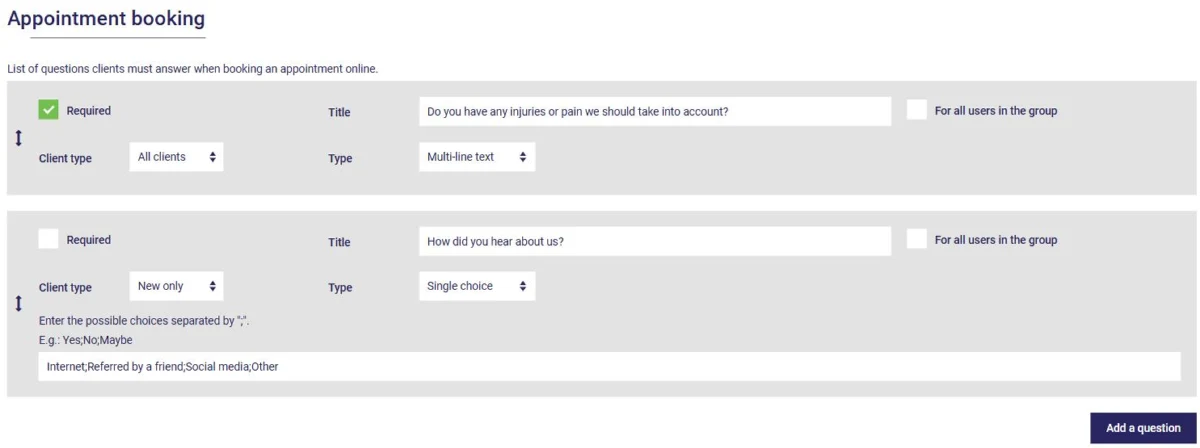 Custom questions for the online appointment booking portal in AssisTime: title, required, client type and answer type