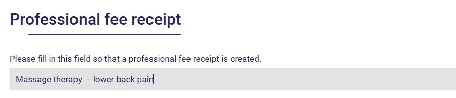 Professional fee receipt section of an invoice in AssisTime: reason for the consultation