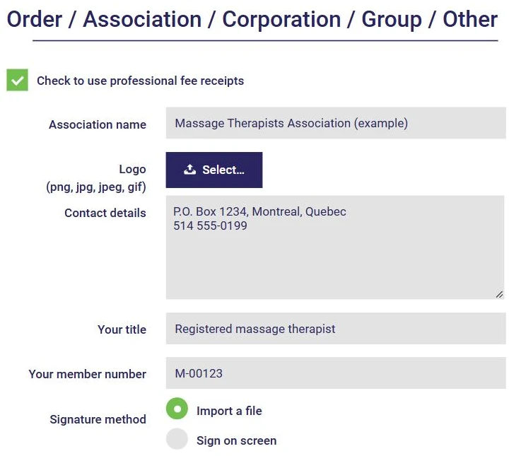 Order / Association section of the profile in AssisTime: professional fee receipts, name, contact information, title, member number and signature