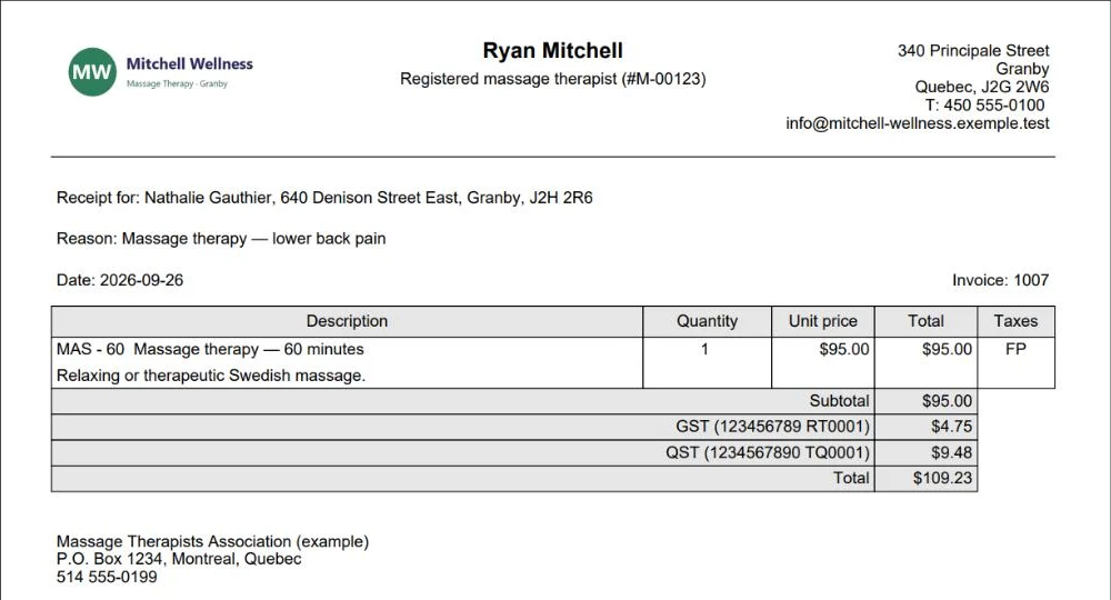 Detailed receipt produced by AssisTime: reason, breakdown of services, taxes and total