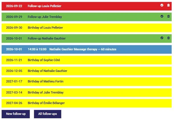 Upcoming events on the AssisTime home page: upcoming follow-ups in green, an overdue follow-up in red