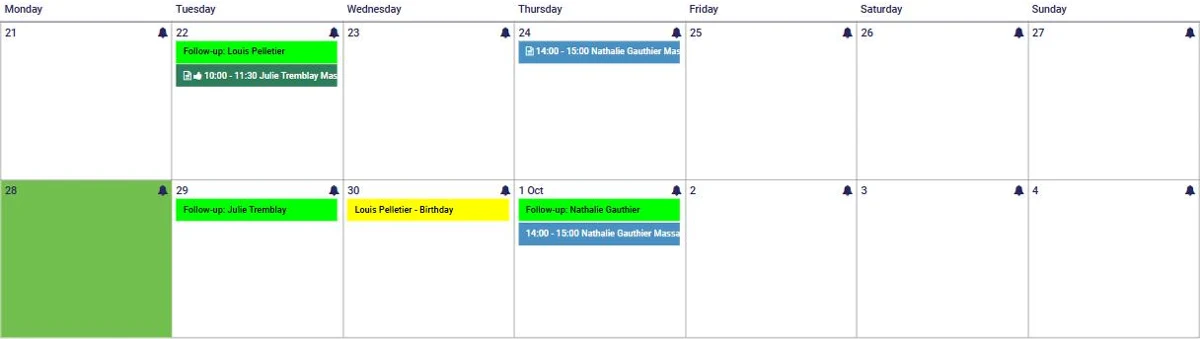AssisTime calendar with the bells for adding a follow-up and the follow-ups displayed
