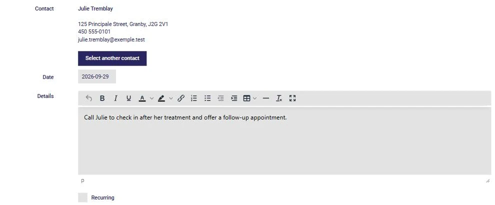 Creating a follow-up in AssisTime: client, date and details