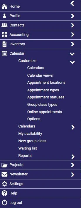 AssisTime Calendar menu: Customize, Appointment types