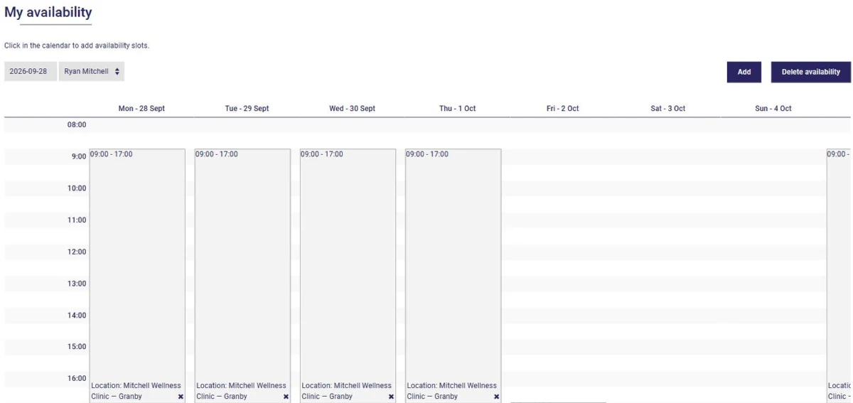 The My availability calendar in AssisTime showing the week's availability slots