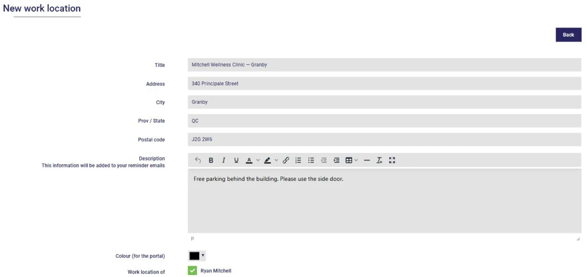 Creating a work location in AssisTime: title, address, description added to reminder emails