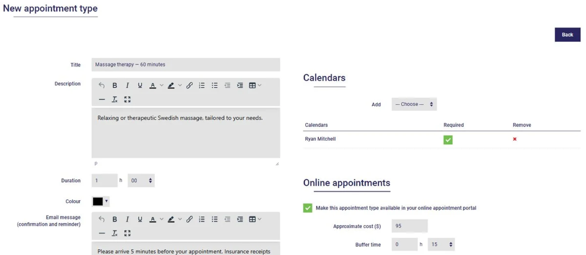 Creating an appointment type in AssisTime: title, description, duration, colour, calendars and online appointments