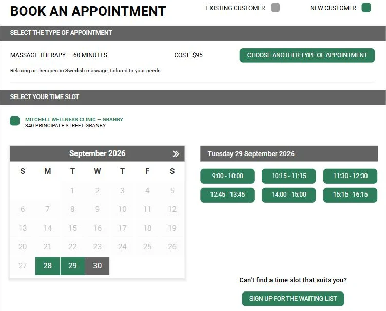 Choosing a time slot on the AssisTime online booking portal