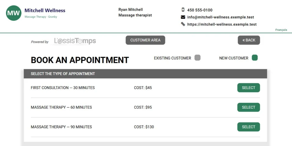 AssisTime online booking portal: choosing the type of meeting