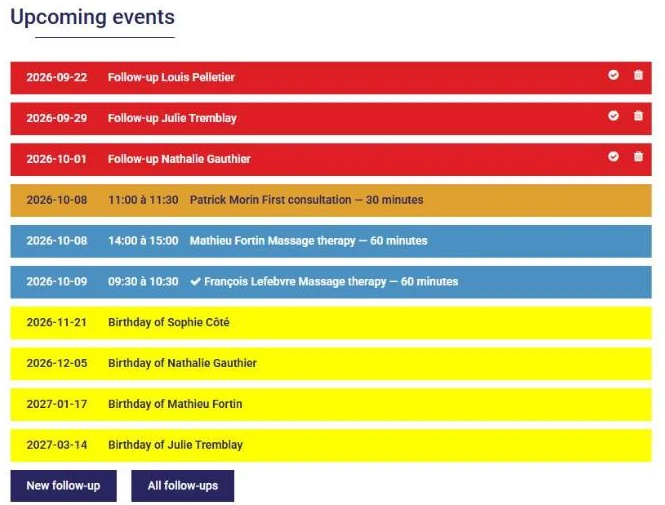 Upcoming events on the AssisTime home page: a check mark precedes the appointment the client confirmed
