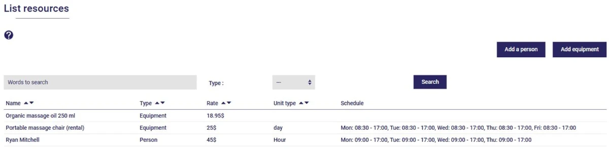 List of project resources in AssisTime: people and equipment, rates and schedule