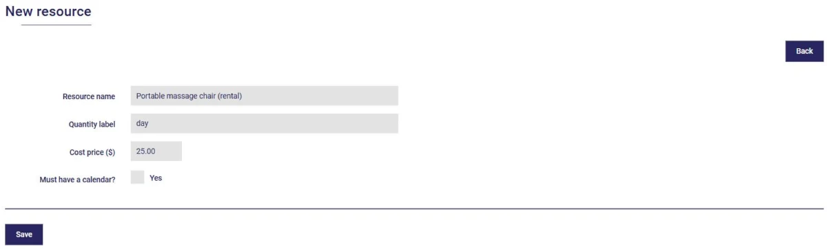 Equipment resource in AssisTime: name, quantity label and cost price
