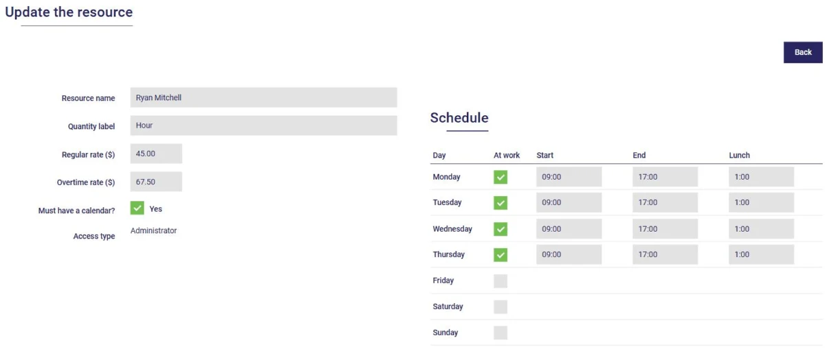 Person resource in AssisTime: regular rate, overtime rate, calendar and work schedule
