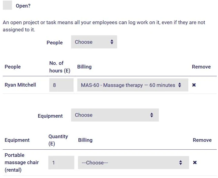 Resources section of a task in AssisTime: people with estimated hours and billing, equipment with quantity