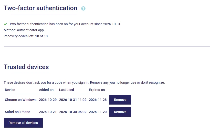 Two-factor authentication turned on in AssisTime: method, recovery codes left and list of trusted devices