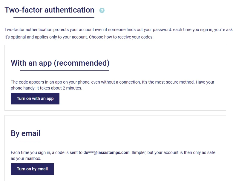 Two-factor authentication page in AssisTime: choice between an authenticator app and a code by email