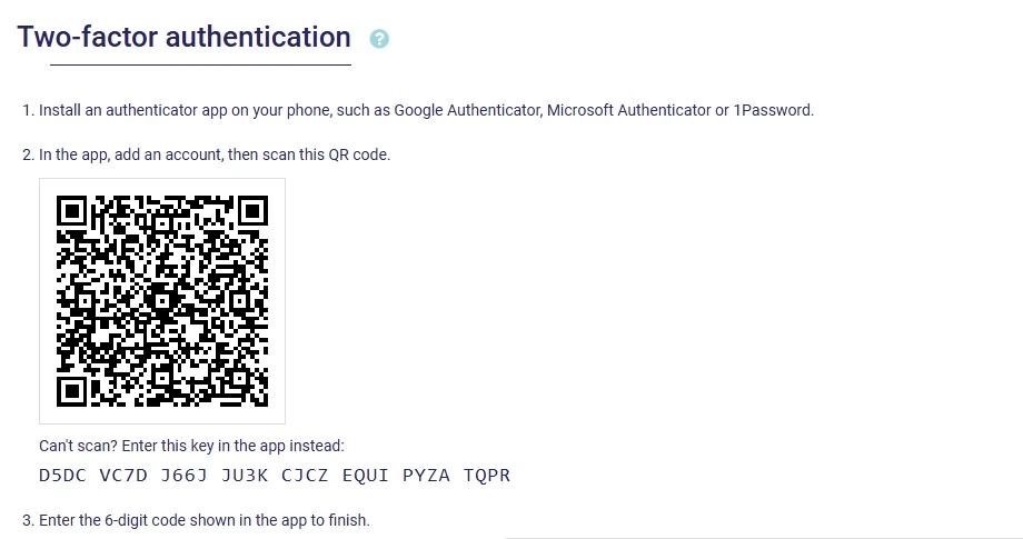 Setting up two-factor authentication in AssisTime: QR code to scan with the app, key to type in and confirmation code