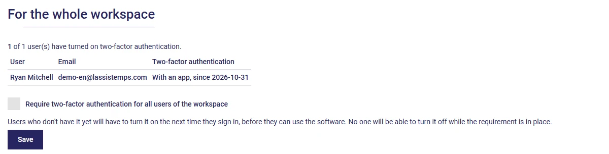 Administrator setting in AssisTime: list of users and option to require two-factor authentication across the workspace