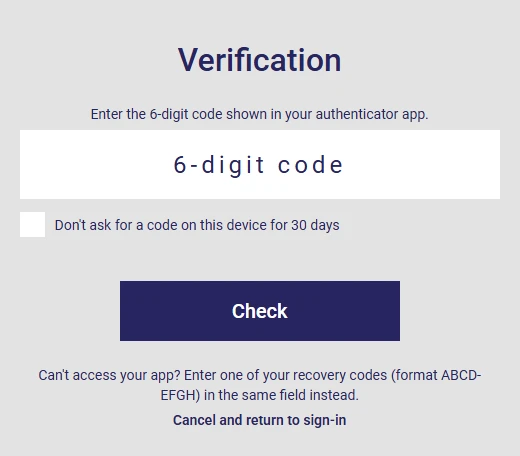 Verification step when signing in to AssisTime: 6-digit code and a box to stop asking for a code on this device for 30 days