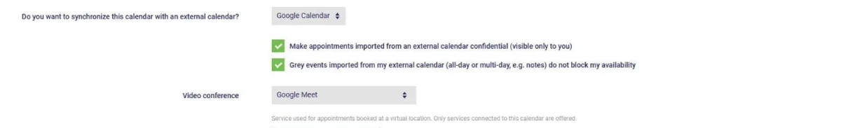 Settings of a calendar synced with Google Calendar in AssisTime: confidentiality checkboxes for imported appointments and grey events, and Google Meet as the video conference service