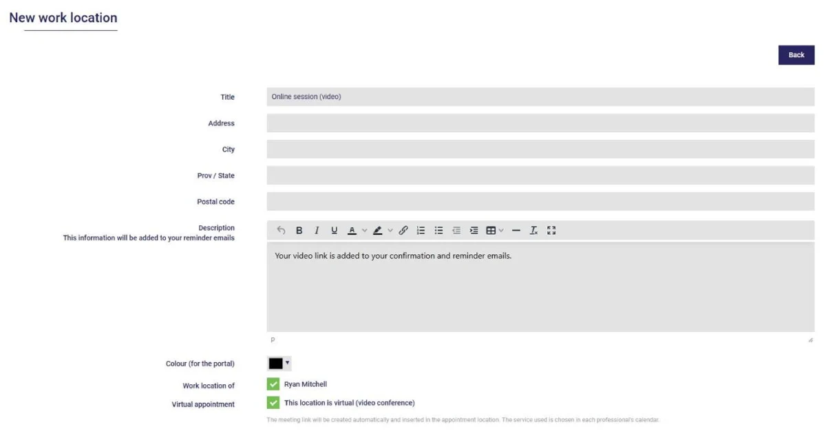 "Online session (video)" work location with the This location is virtual (video conference) box checked, in AssisTime
