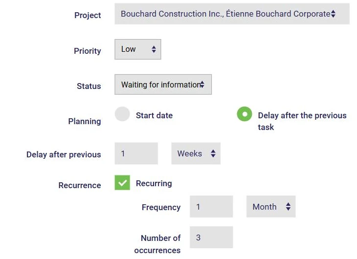 Creating a task in AssisTime: status, scheduling by delay after the previous task, and recurrence