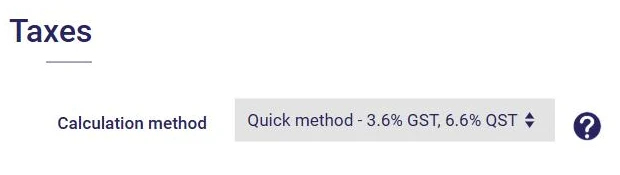 Taxes section of the profile in AssisTime: calculation method, quick method 3.6% GST and 6.6% QST