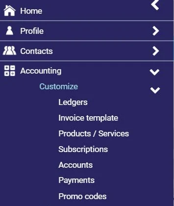 AssisTime Accounting menu: Customize, Products / Services