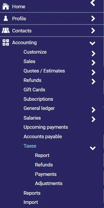 AssisTime Accounting menu: Taxes (report, refunds, payments, adjustments)