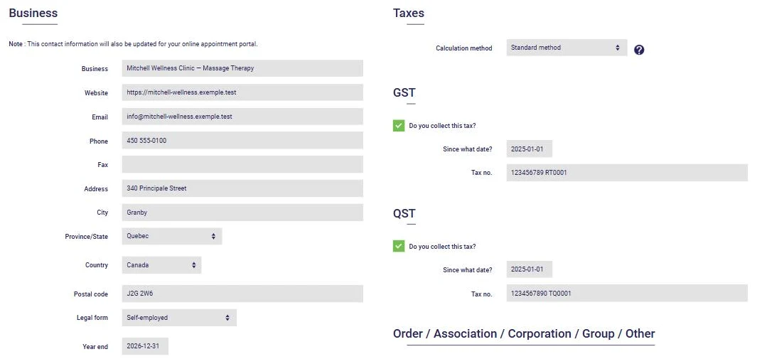 Business profile in AssisTime: contact details, tax calculation method, GST and QST