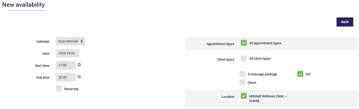 Availability reserved for VIP clients in AssisTime: client types, with VIP checked